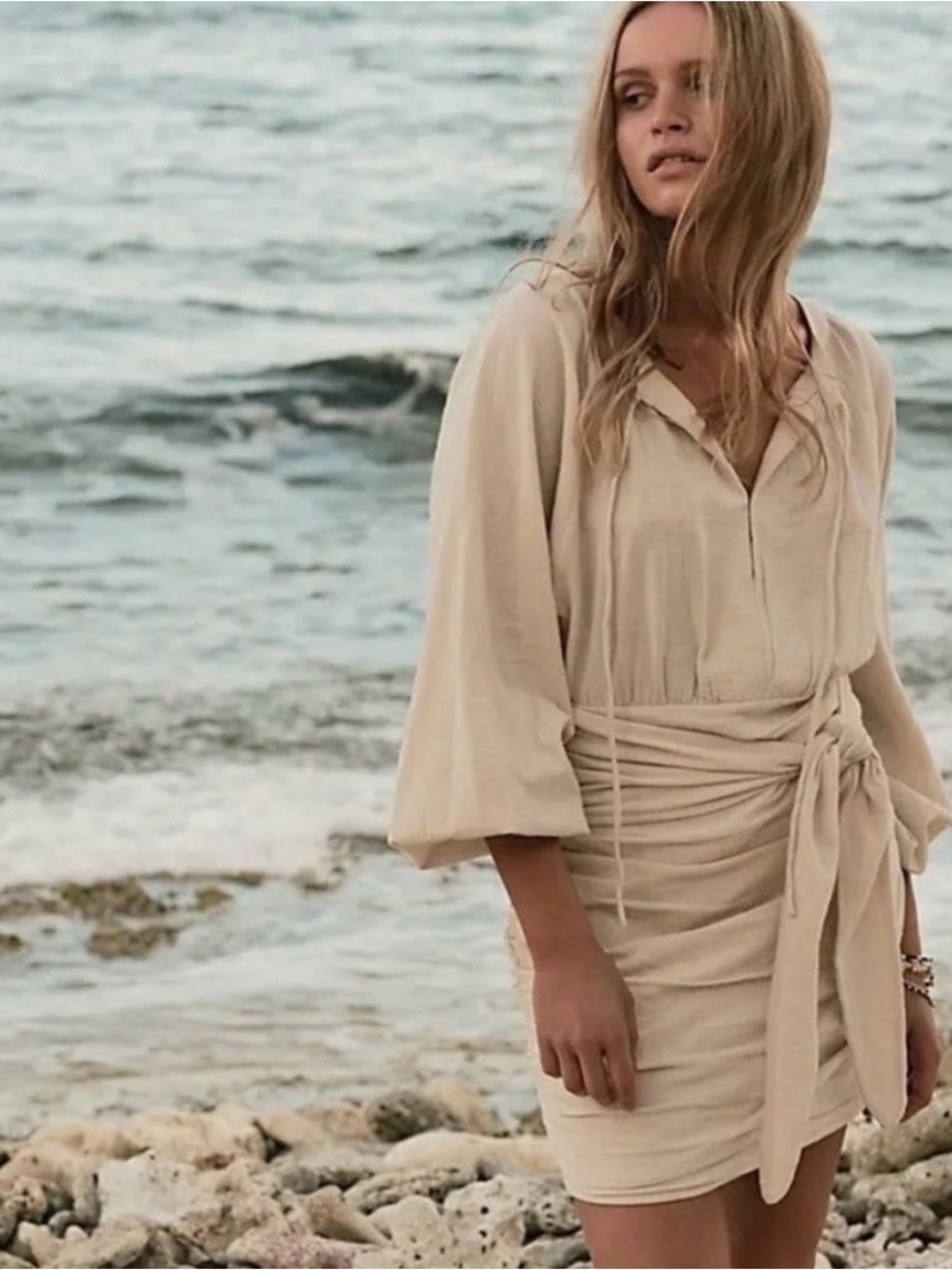 Free People Cream Gauzy Long Sleeve Ruched Mini Dress Medium